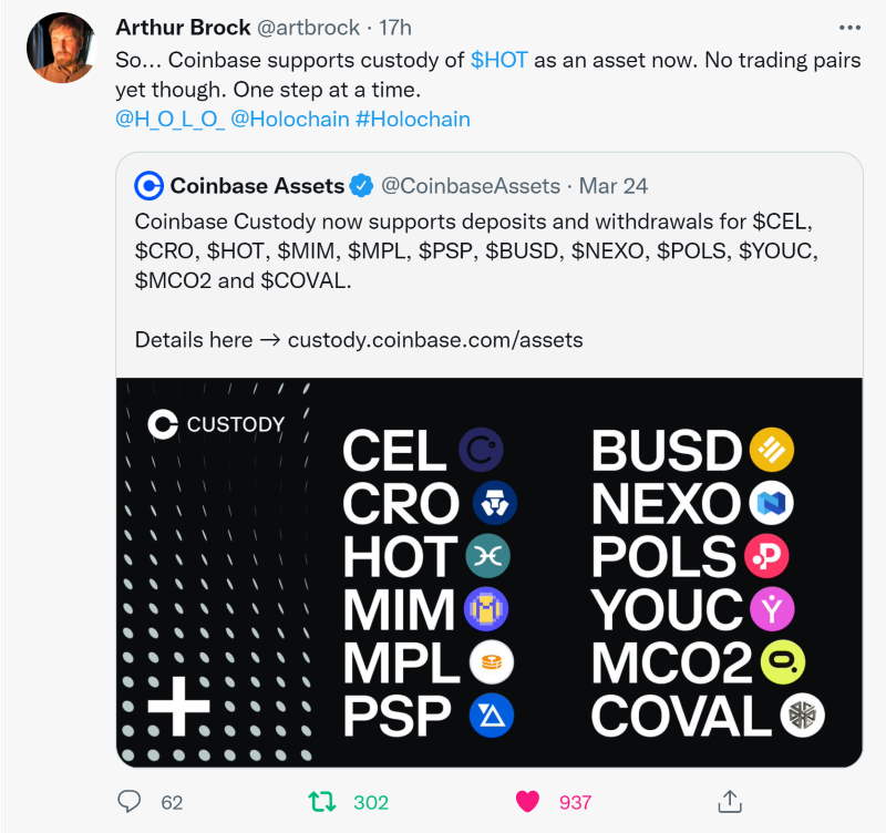 Screenshot of Arthur Brock's tweet about listing on Coinbase