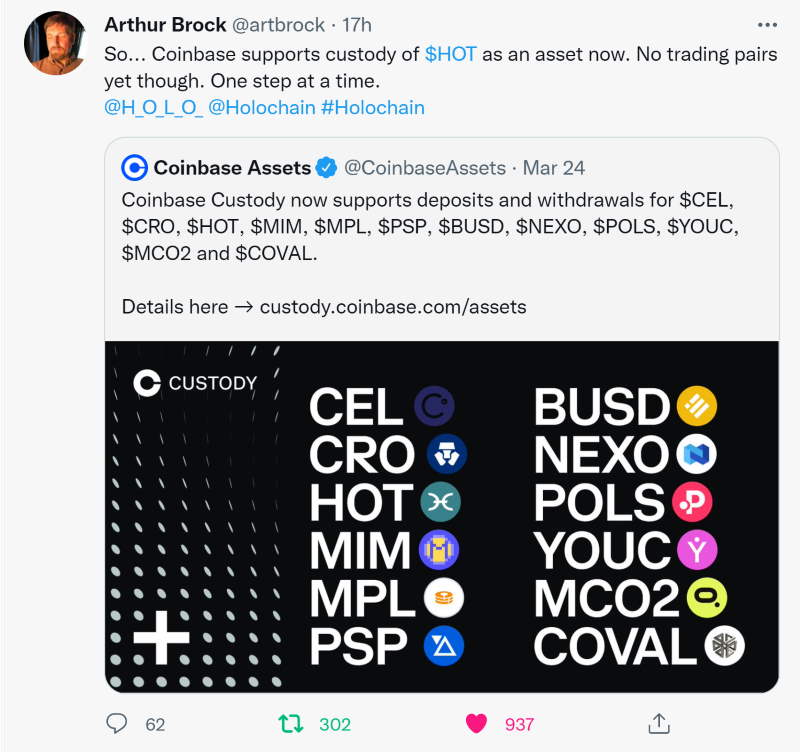 Capture d'écran du tweet de Arthur Brock à propos du listing sur Coinbase